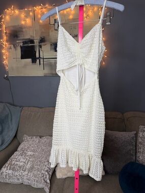 Privy White Textured Cutout Midi Dress Ruffle Hem Spaghetti Strap size Small